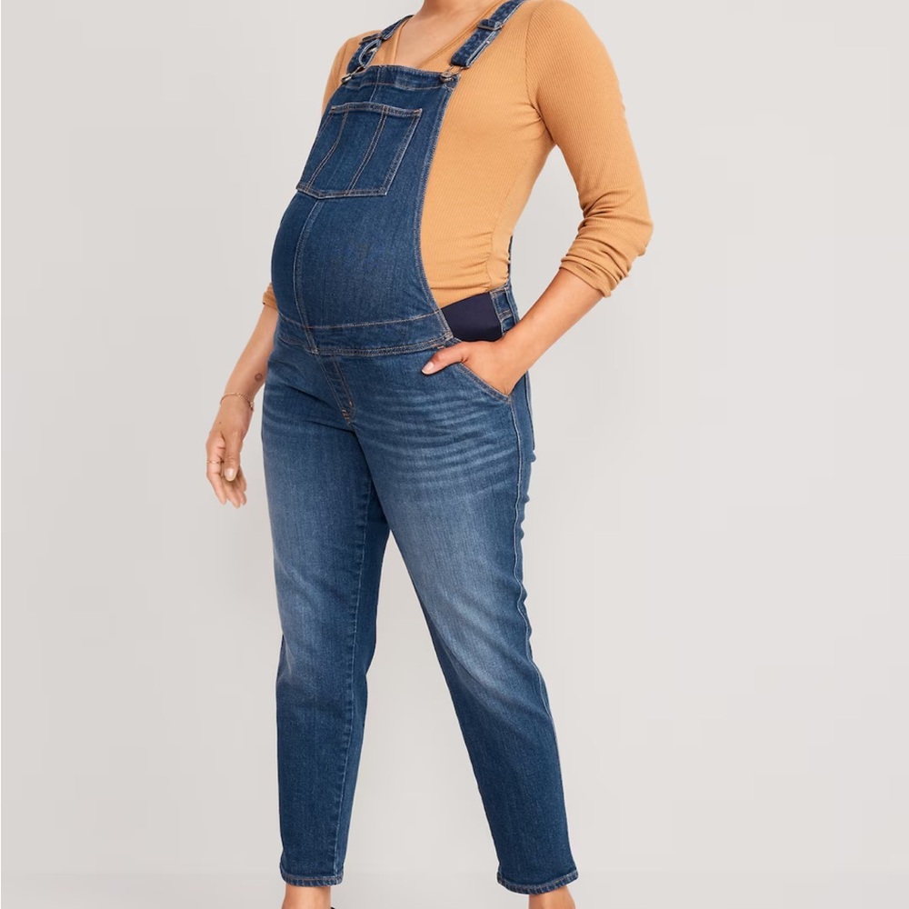 Old Navy Maternity Women’s 18 Overalls Blue Denim Long Straight Leg Side Panel